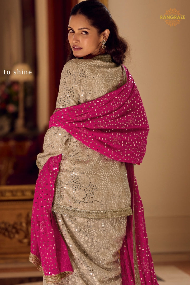 Ivory Gold Sequined Georgette Dhoti Pant Suit Set with Magenta Dupatta