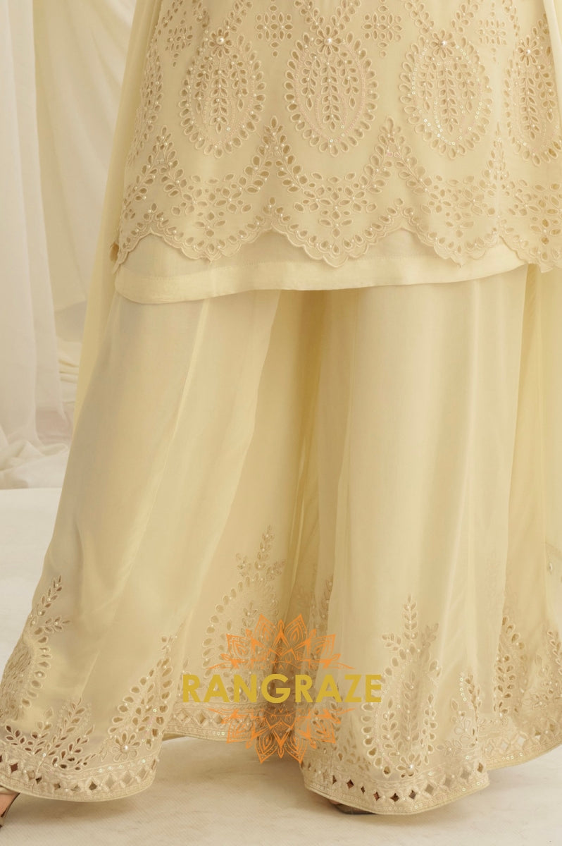 Natural Cream Crepe Silk Embroidered Suit Set
