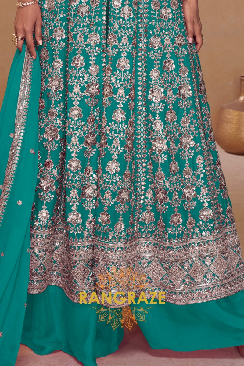 Emerald Teal Premium Chinon Embroidered Designer Suit Set