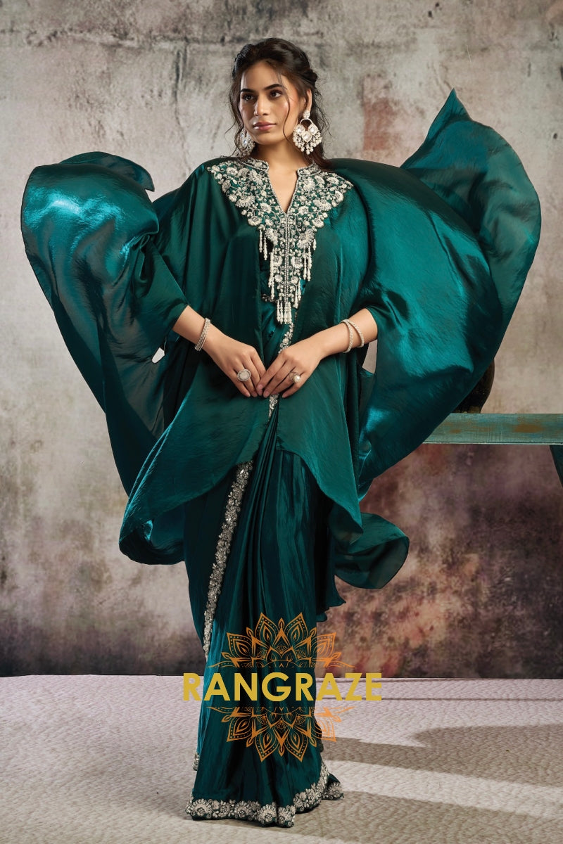 Emerald Two Tone Satin One Minute Saree with Embellished Poncho & Belt