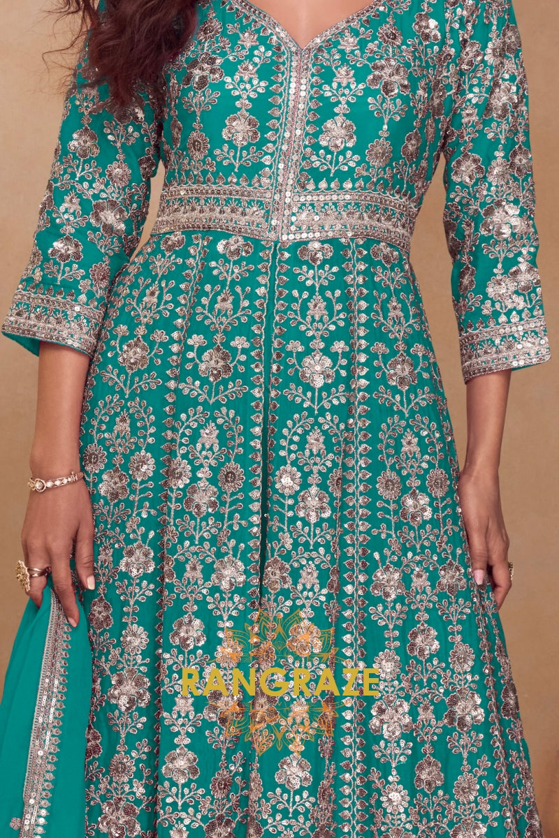 Emerald Teal Premium Chinon Embroidered Designer Suit Set