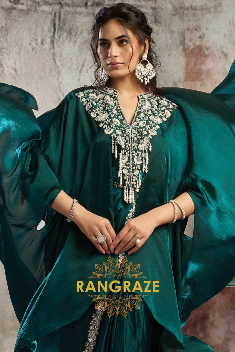 Emerald Two Tone Satin One Minute Saree with Embellished Poncho & Belt
