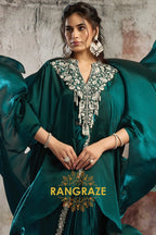 Emerald Two Tone Satin One Minute Saree with Embellished Poncho & Belt