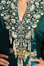 Emerald Two Tone Satin One Minute Saree with Embellished Poncho & Belt