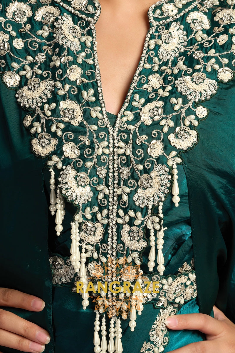 Emerald Two Tone Satin One Minute Saree with Embellished Poncho & Belt