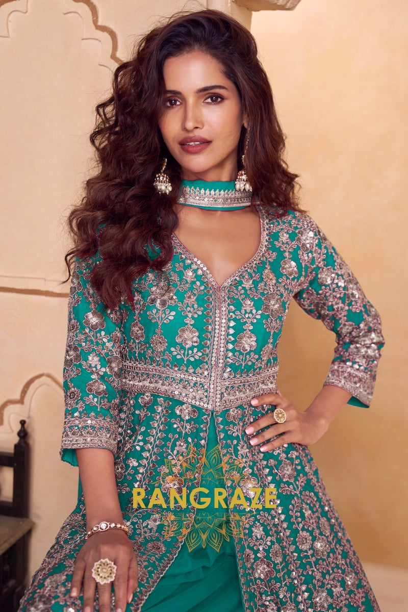 Emerald Teal Premium Chinon Embroidered Designer Suit Set