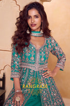 Emerald Teal Premium Chinon Embroidered Designer Suit Set