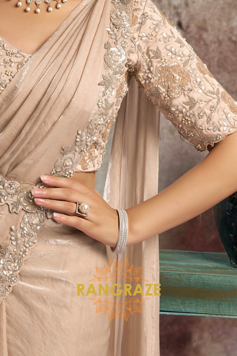 Champagne Two Tone Glossy Satin One Minute Saree with Readymade Designer Blouse & Belt