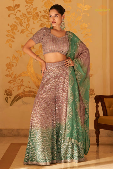 Mauve Green Ombre Sequined Georgette Palazzo Suit Set with Dupatta