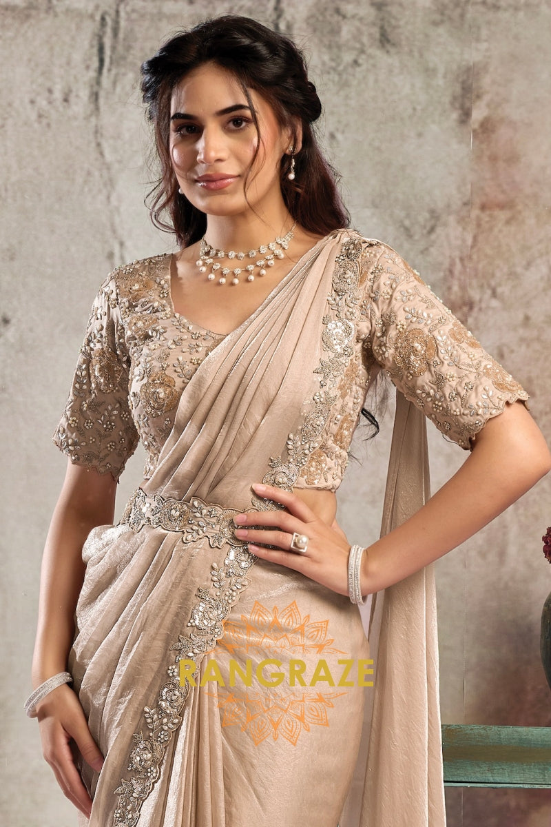 Champagne Two Tone Glossy Satin One Minute Saree with Readymade Designer Blouse & Belt