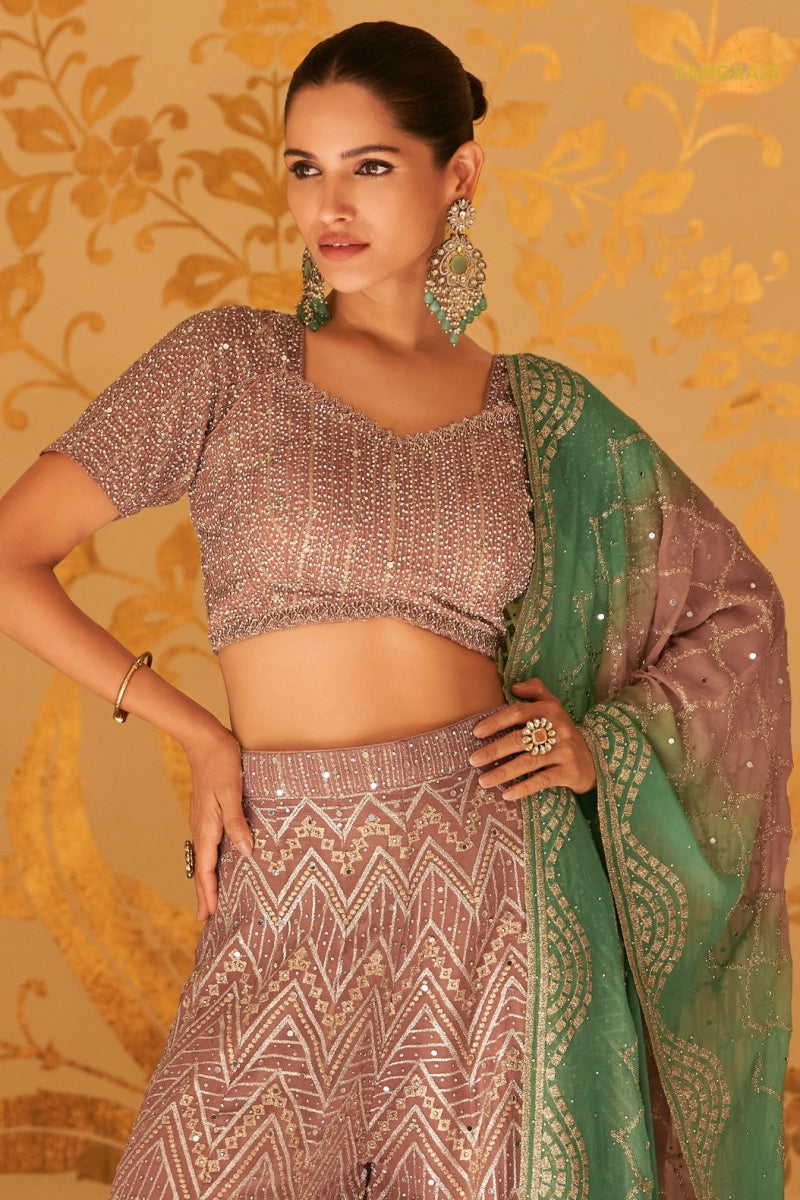 Mauve Green Ombre Sequined Georgette Palazzo Suit Set with Dupatta