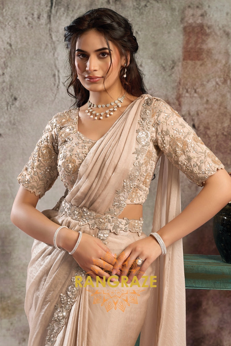 Champagne Two Tone Glossy Satin One Minute Saree with Readymade Designer Blouse & Belt