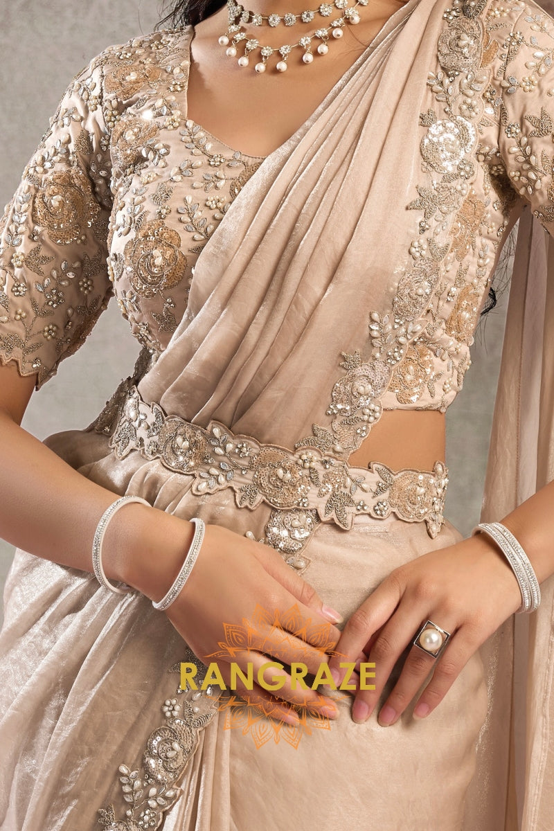 Champagne Two Tone Glossy Satin One Minute Saree with Readymade Designer Blouse & Belt