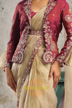Beige Crystal Organza Satin One Minute Saree with Readymade Embroidered Jacket, Blouse & Belt