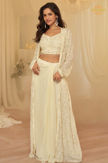 Ivory Zareen Georgette Jacket Croptop Skirt Suit Set