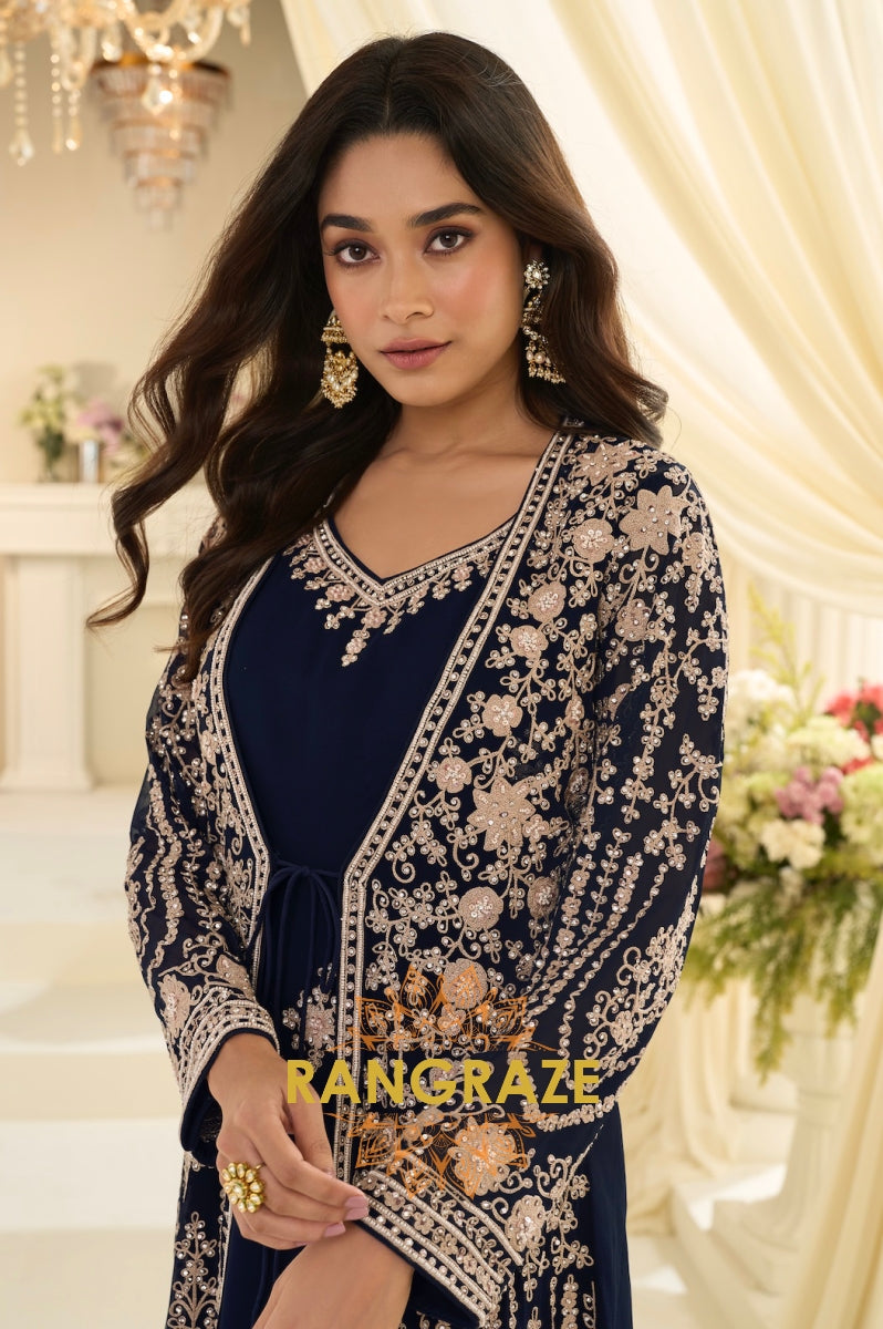 Navy Blue Premium Chinon Embroidered Anarkali Set