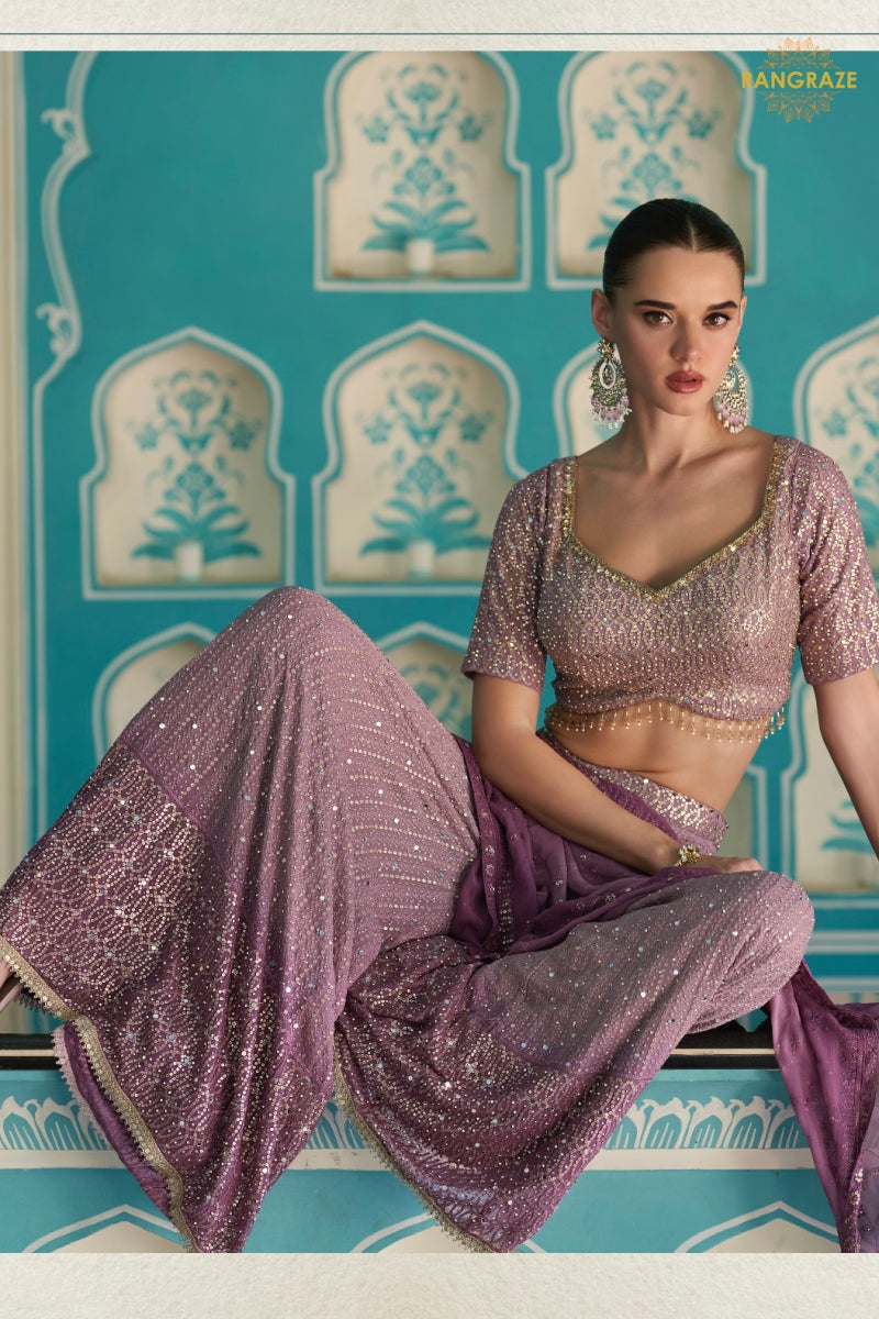 Mauve Shimmer Readymade Georgette Palazzo Suit Set with Dupatta
