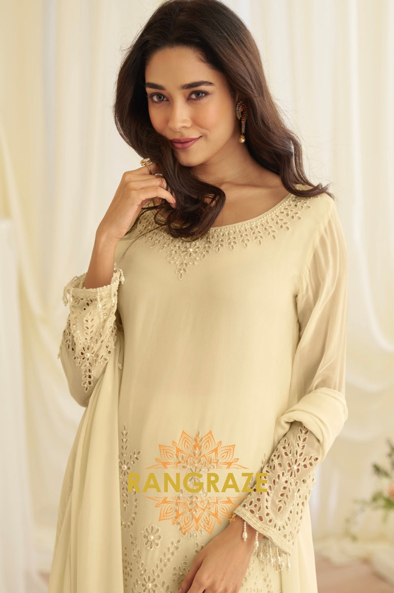 Natural Cream Crepe Silk Embroidered Suit Set
