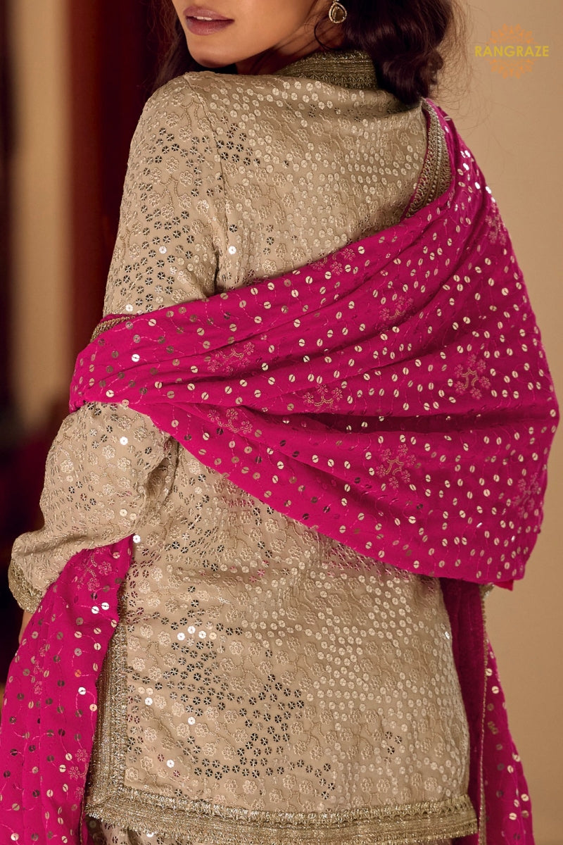 Ivory Gold Sequined Georgette Dhoti Pant Suit Set with Magenta Dupatta