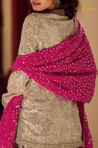Ivory Gold Sequined Georgette Dhoti Pant Suit Set with Magenta Dupatta
