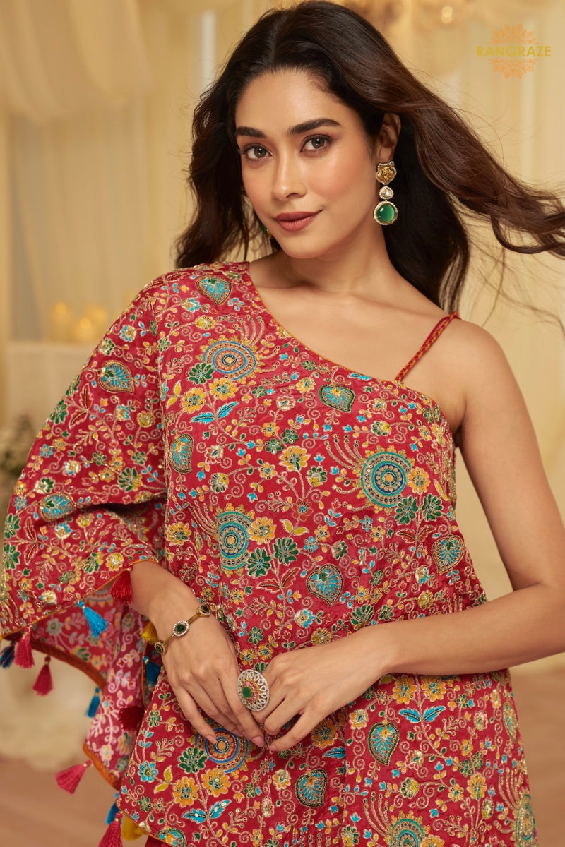 Ruby Folk Crepe Poncho Palazzo Suit Set