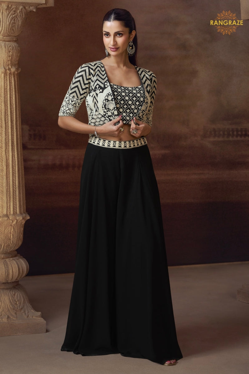 Noir Ivory Embroidered Palazzo Jacket Suit Set