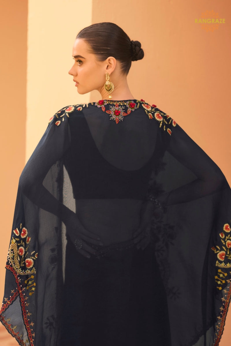 Navy Blue Floral Embroidered Shrug with Blouse and Palazzo Suit Set
