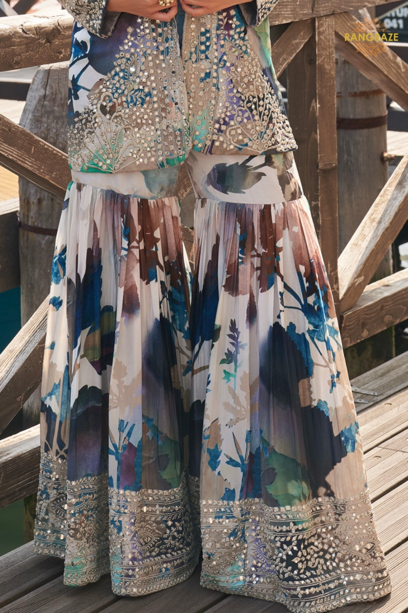 Grey Blue Abstract Floral Jacket Chinon Sharara Choli Suit Set
