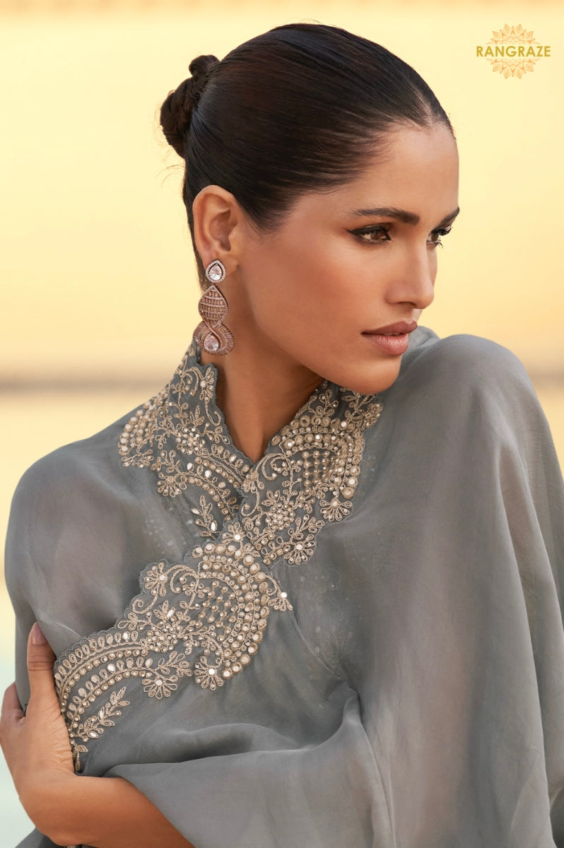 Mist Grey Chinnon Silk Jacket Suit Set