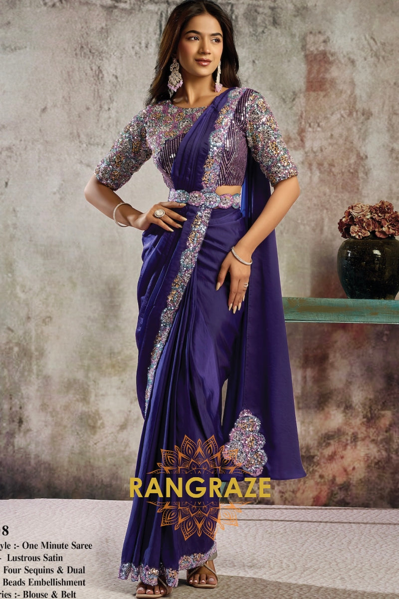 Royal Purple Lustrous Satin One Minute Saree with Readymade Designer Blouse & Belt
