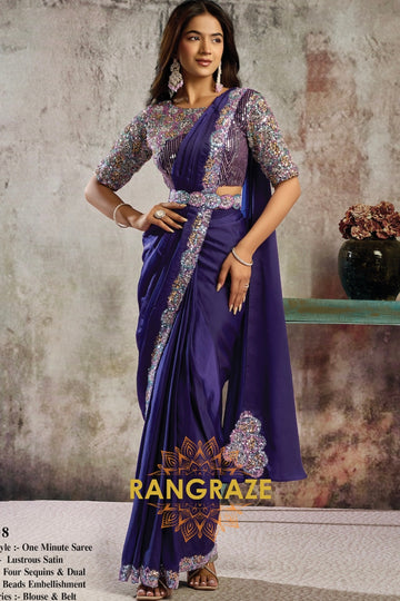 Royal Purple Lustrous Satin One Minute Saree with Readymade Designer Blouse & Belt