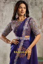 Royal Purple Lustrous Satin One Minute Saree with Readymade Designer Blouse & Belt