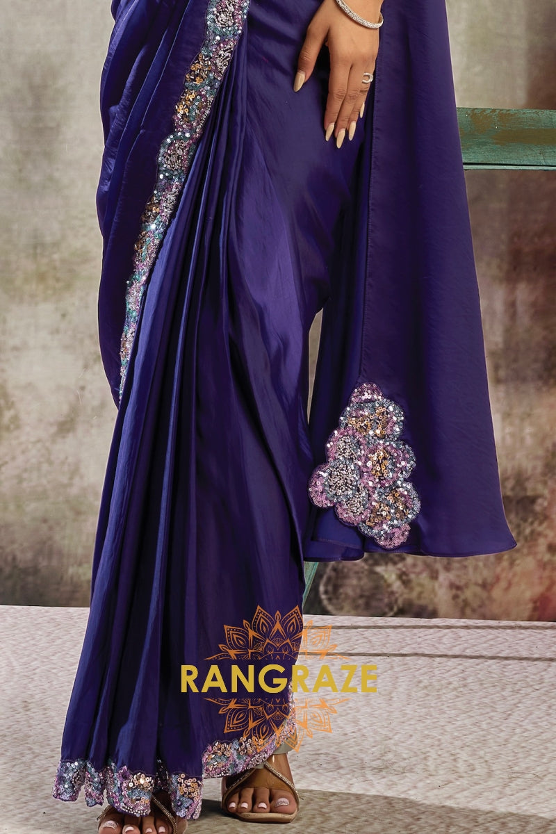 Royal Purple Lustrous Satin One Minute Saree with Readymade Designer Blouse & Belt
