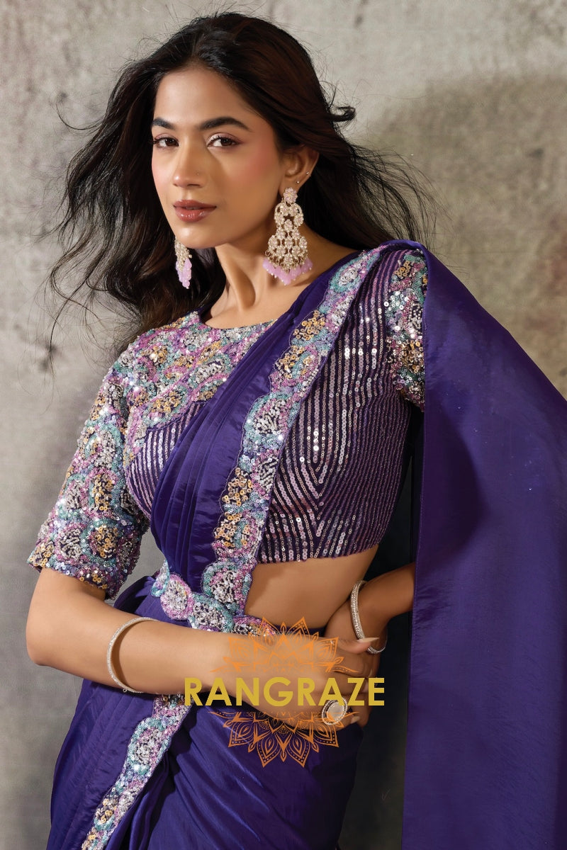 Royal Purple Lustrous Satin One Minute Saree with Readymade Designer Blouse & Belt