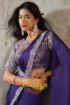 Royal Purple Lustrous Satin One Minute Saree with Readymade Designer Blouse & Belt