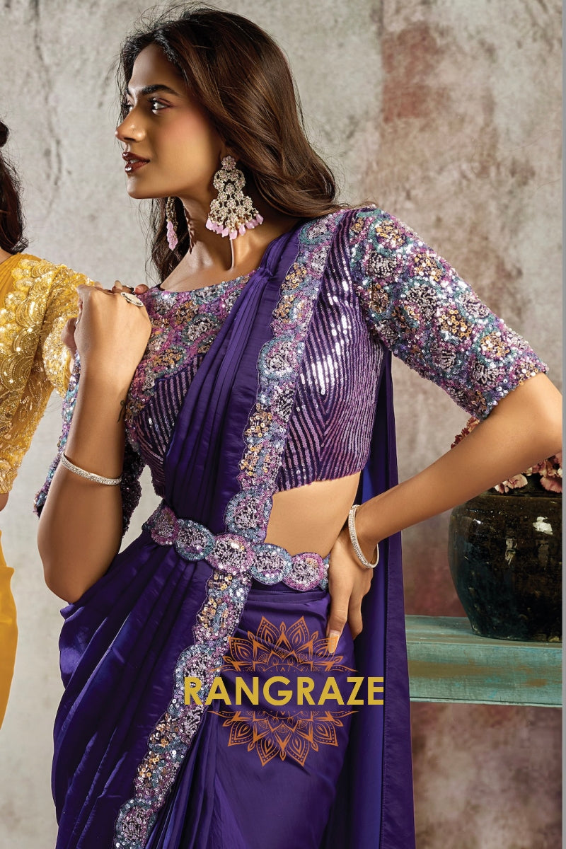 Royal Purple Lustrous Satin One Minute Saree with Four Sequin & Dual Bead Embellishment