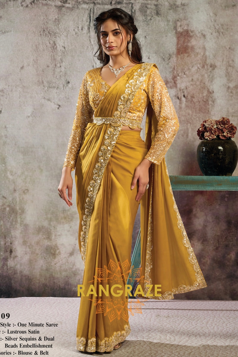 Mustard Gold Lustrous Satin One Minute Saree with Readymade Designer Blouse & Belt