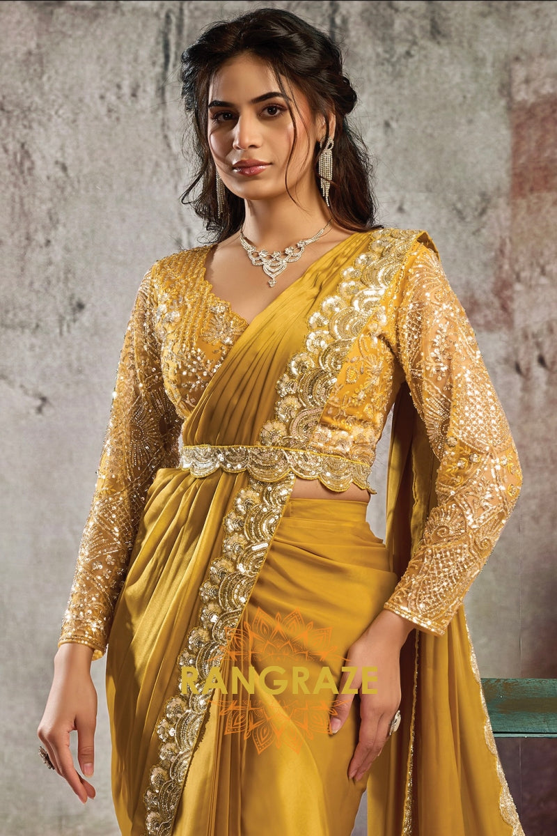 Mustard Gold Lustrous Satin One Minute Saree with Readymade Designer Blouse & Belt