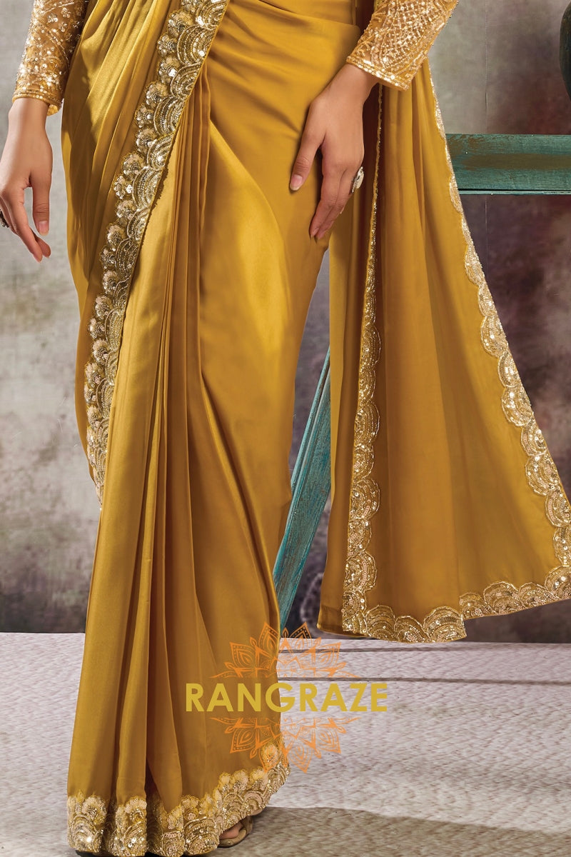 Mustard Gold Lustrous Satin One Minute Saree with Readymade Designer Blouse & Belt