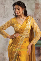 Mustard Gold Lustrous Satin One Minute Saree with Readymade Designer Blouse & Belt