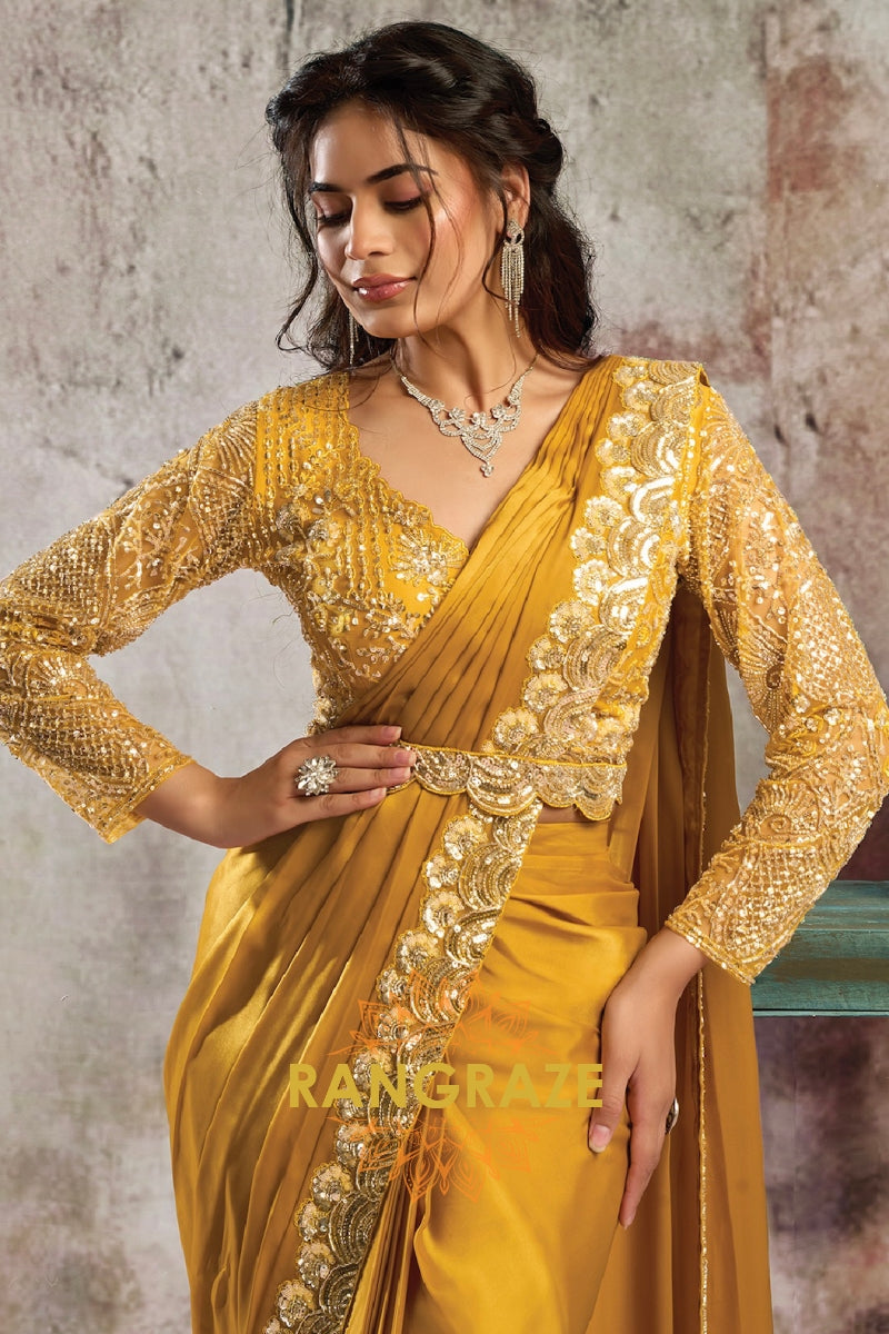 Mustard Gold Lustrous Satin One Minute Saree with Readymade Designer Blouse & Belt