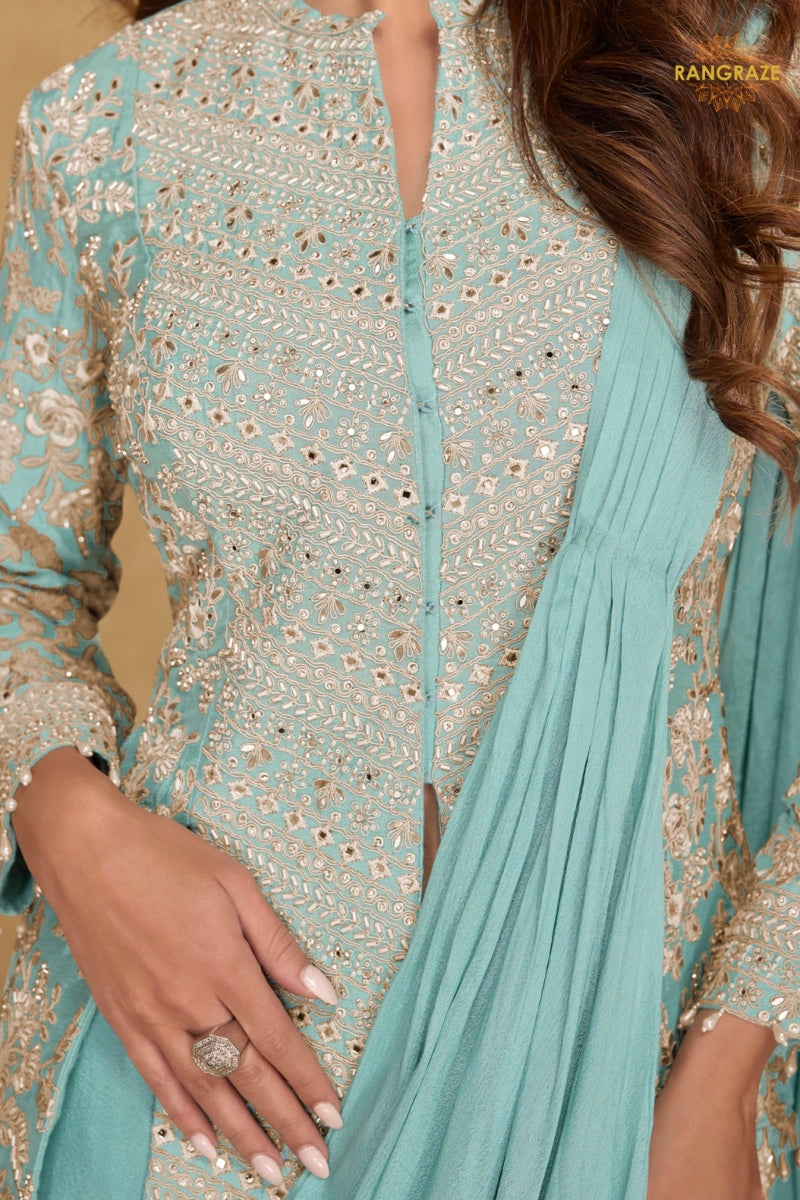Mint Aura Pure Georgette Saree Style Suit Set with Hand Embroidery