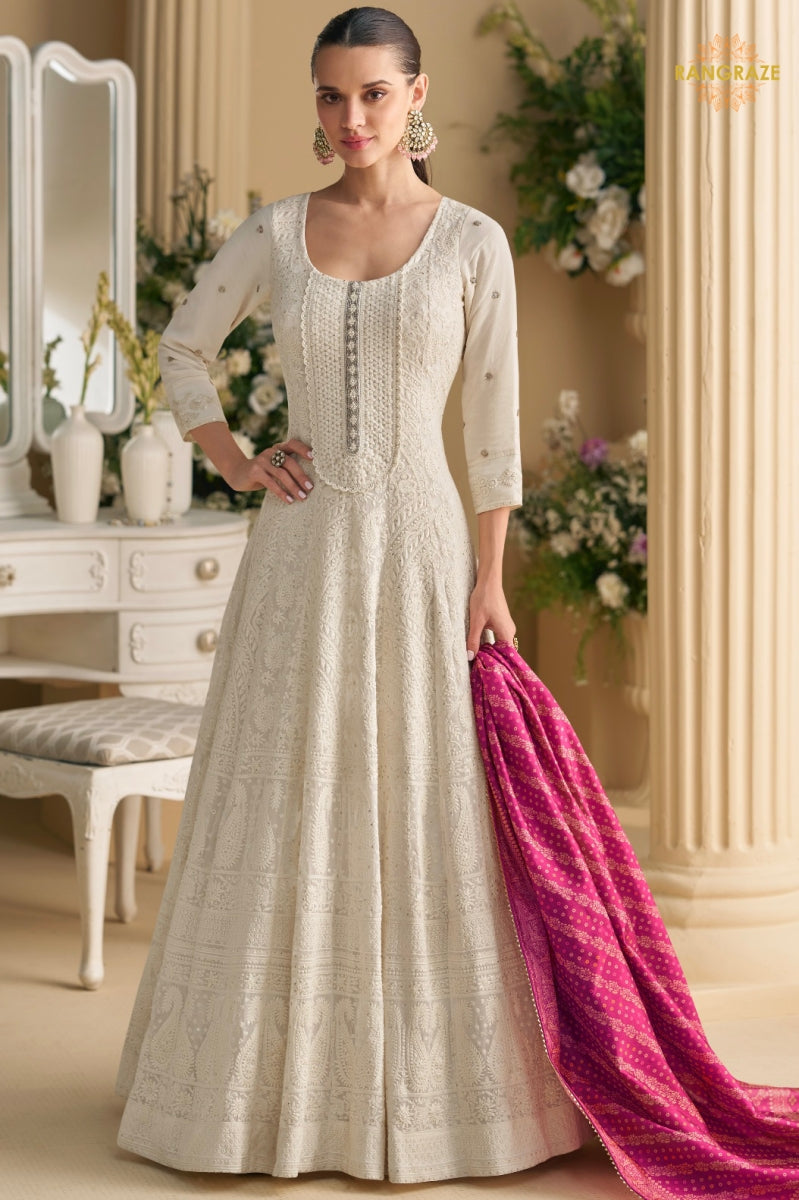 Off-White Premium Georgette Anarkali Suit Set