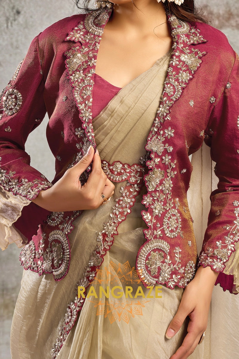Beige Crystal Organza Satin One Minute Saree with Readymade Embroidered Jacket, Blouse & Belt