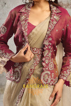 Beige Crystal Organza Satin One Minute Saree with Readymade Embroidered Jacket, Blouse & Belt