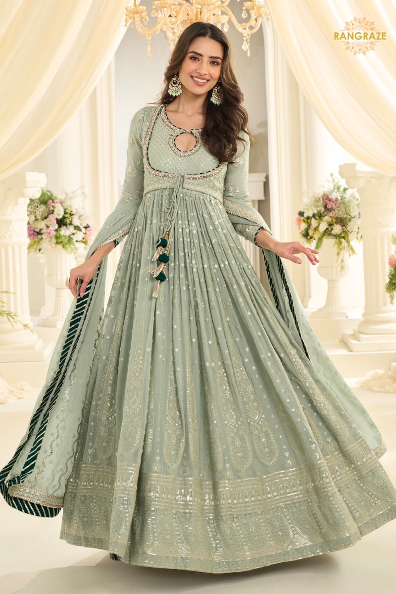 Sage Noor Premium Georgette Anarkali Gown Set