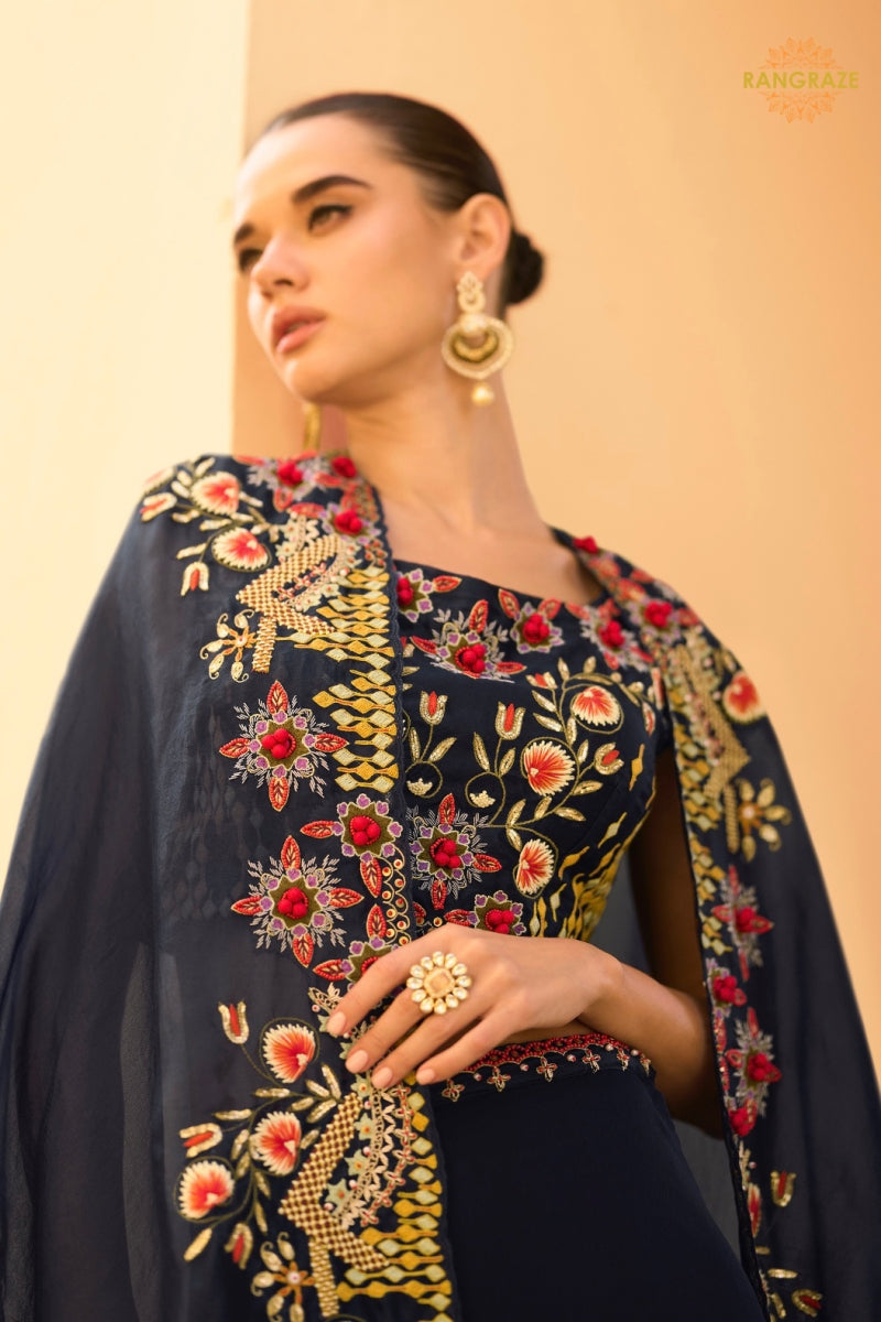 Navy Blue Floral Embroidered Shrug with Blouse and Palazzo Suit Set