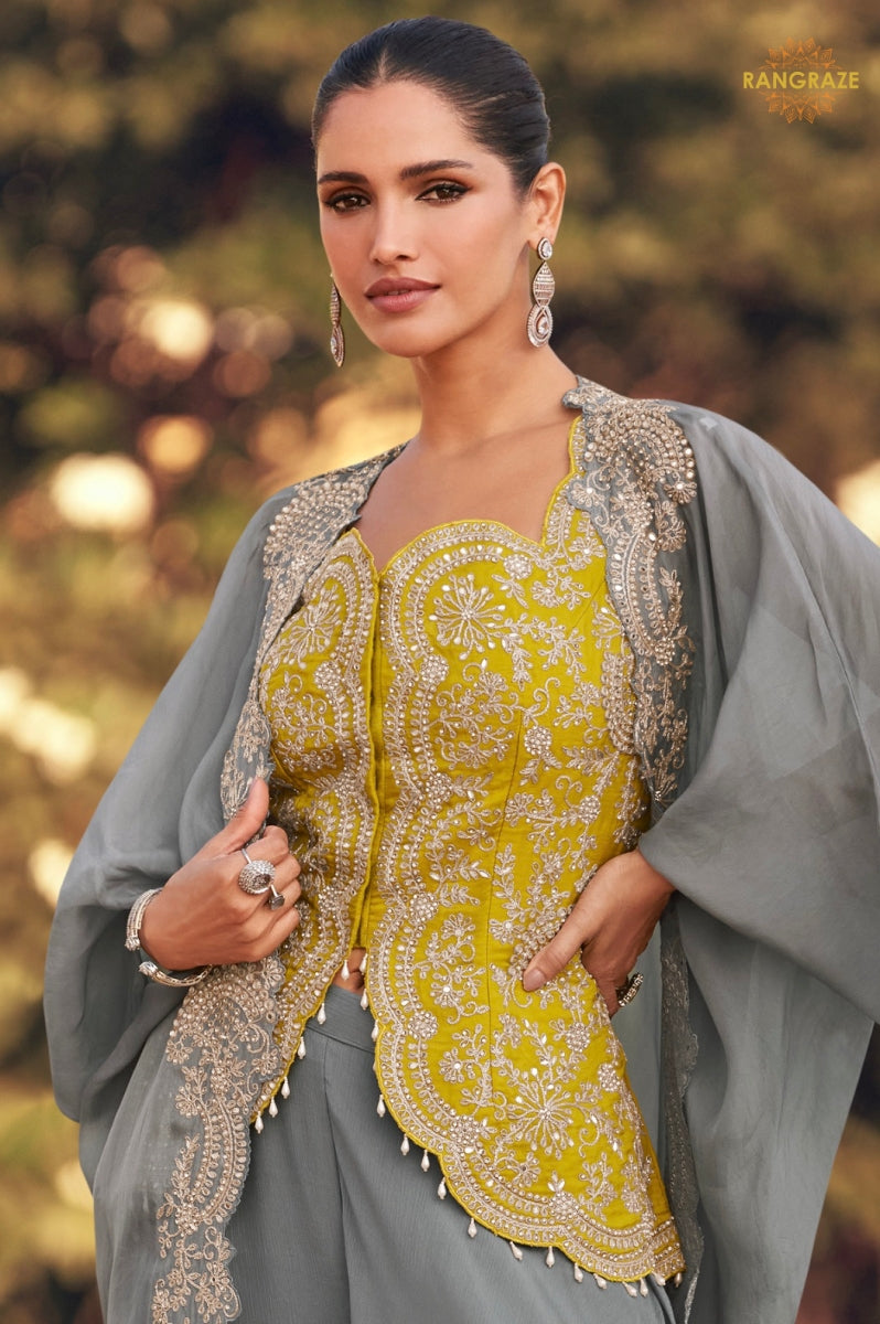 Mist Grey Chinnon Silk Jacket Suit Set