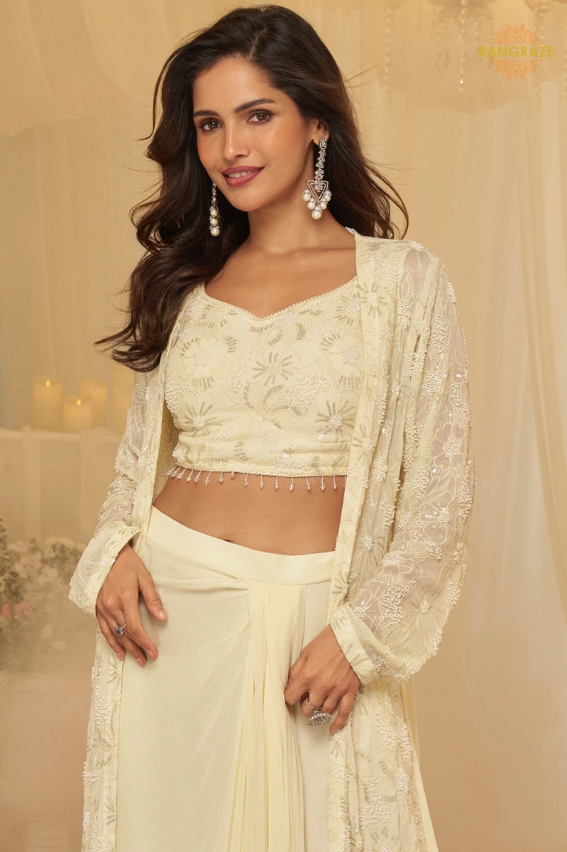 Ivory Zareen Georgette Jacket Croptop Skirt Suit Set
