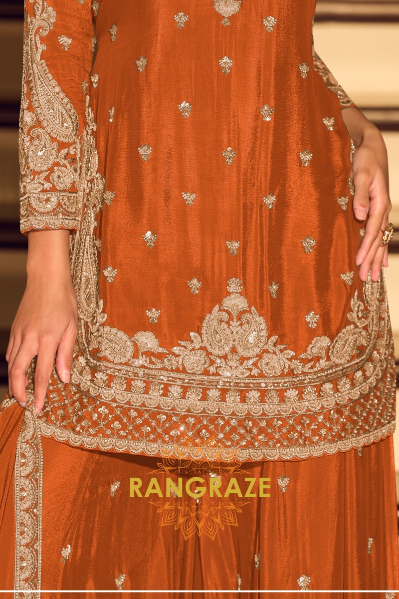 Festive Orange Premium Chinnon Silk Suit Set